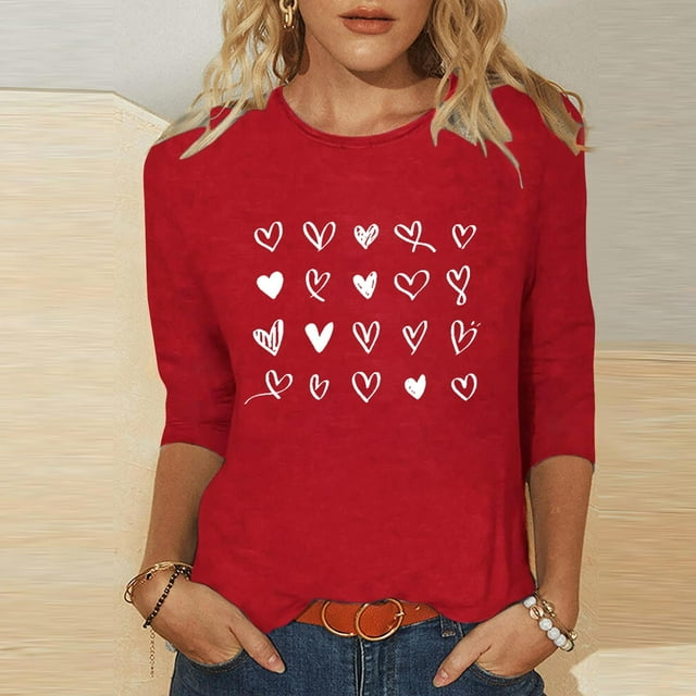 Ailaofu T-Shirts de la Saint-Valentin à Manches 3/4 Col Rond pour Femmes avec Imprimé Cœur Graphique