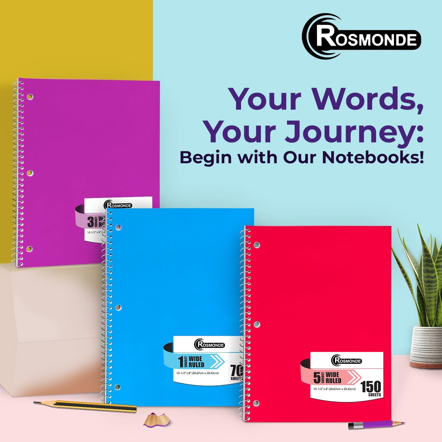 Rosmonde Spiral Notebooks 12 Pack, 3 Subject, Wide Ruled, 150 Sheets (300 Pages), 8 x 10.5 in, 3 Hole Punched, Thick No Bleed Paper, Notebooks for School, Home & Office Use