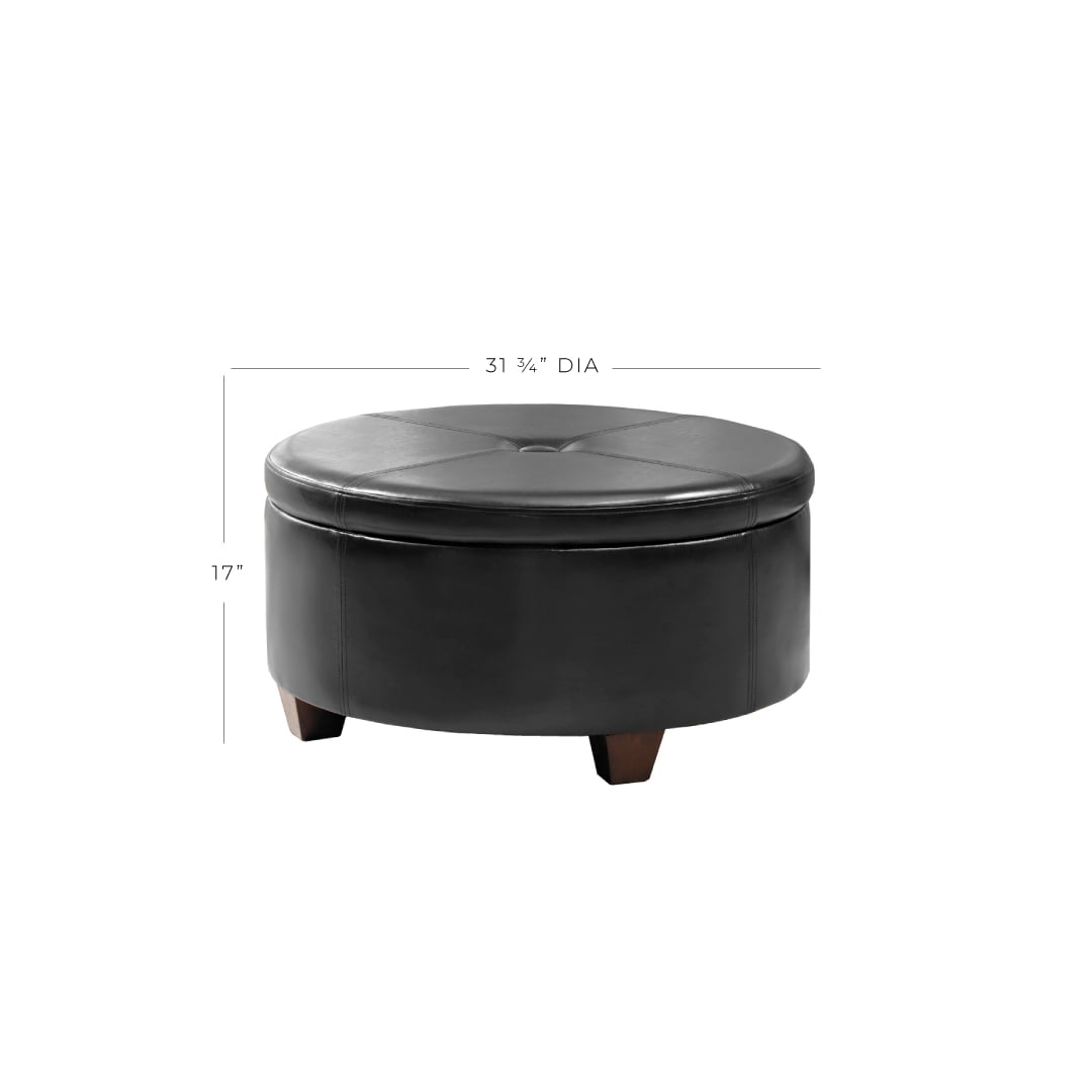 Leatherette Single Button Tufted Round Ottoman with Wooden Feet Large Black and Brown - Saltoro Sherpi