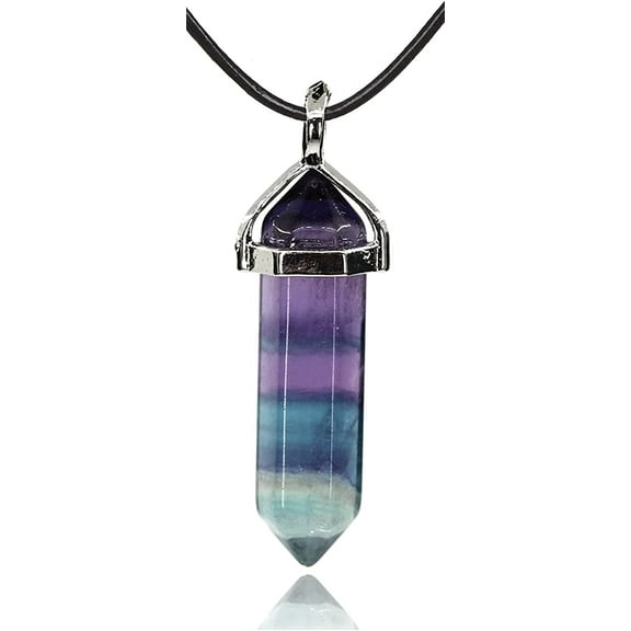 Natural Fluorite Gemstone Hexagonal Pointed Reiki Chakra Pendant Genuine Leather Necklace 18 Inch