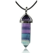 Natural Fluorite Gemstone Hexagonal Pointed Reiki Chakra Pendant Genuine Leather Necklace 18 Inch