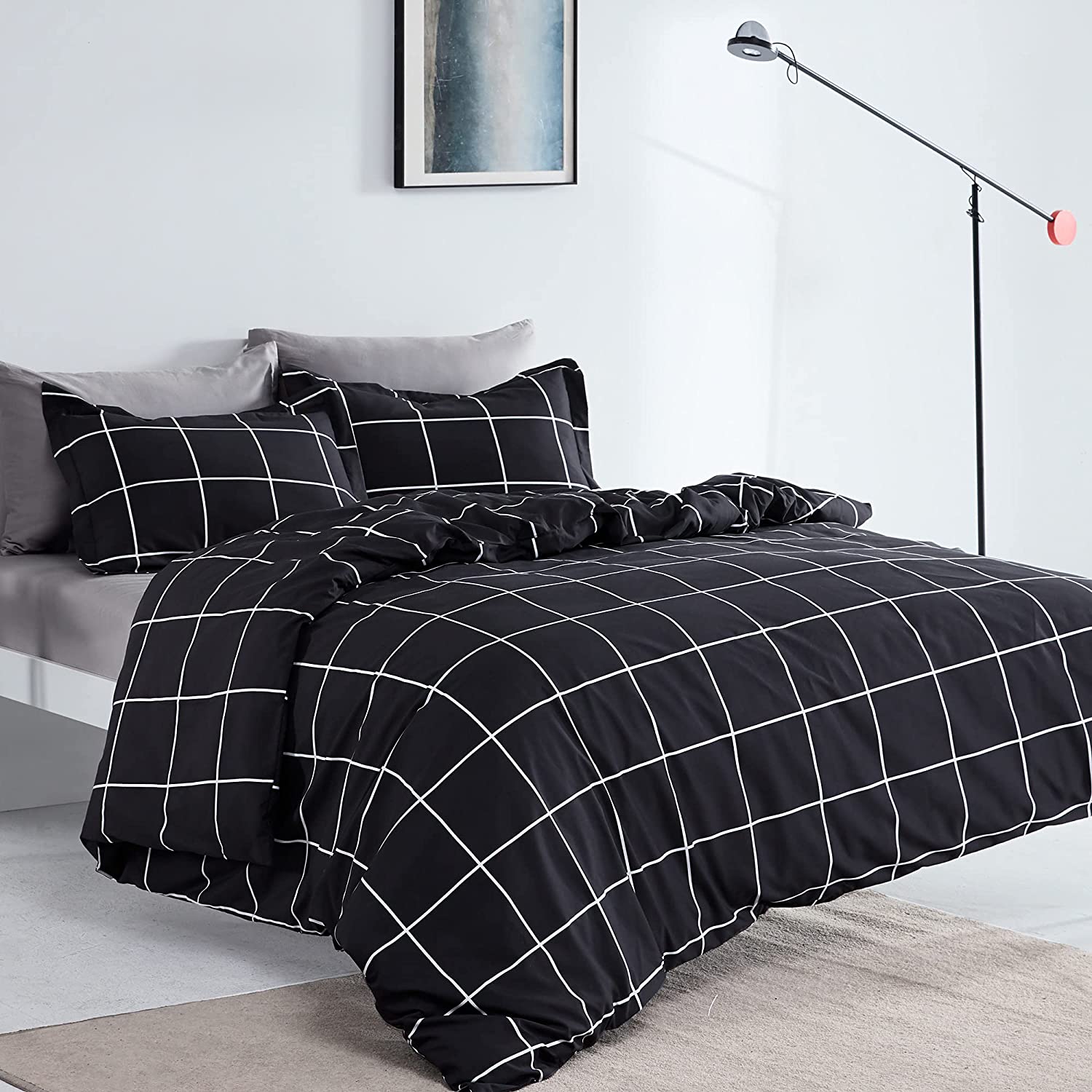 Sleep Zone Floral Duvet Cover Set, Ultra Soft Microfiber Bedding with Designer Print, Wrinkle-Resistant (White Grid Black, 80 x 90 inch, 3 Pieces)
