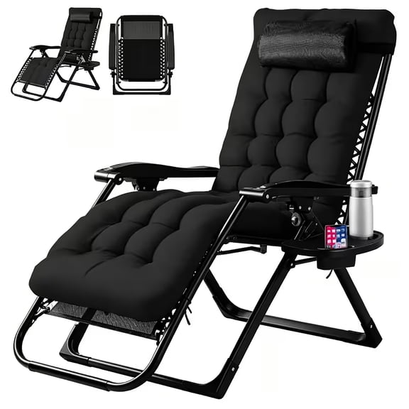 Simenmax Zero Gravity Chair, Heavy-Duty Reclining Lounge Chair with Padded Cushion & Cup Holder, Foldable Patio Recliner for Camping, Beach, and Indoor Relaxation,Black