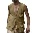 thumbnail image 3 of UVEASISHA Mens Cotton Linen Vest Sleeveless Button Down V Neck Lightweight Shirts Solid Color Casual Loose Waistcoat with Pockets Khaki XXL, 3 of 7