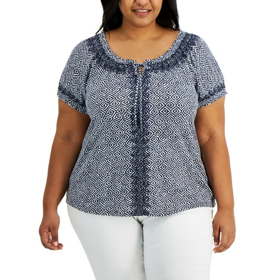 Style & Co Plus Size Embroidered Puff Sleeve Top Blue Ikat Breeze 2X