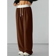 thumbnail image 5 of Women'S Contrast Color Waistband Sweatpants Wide Leg Pants with Drawstring Buckle Brown M, 5 of 8