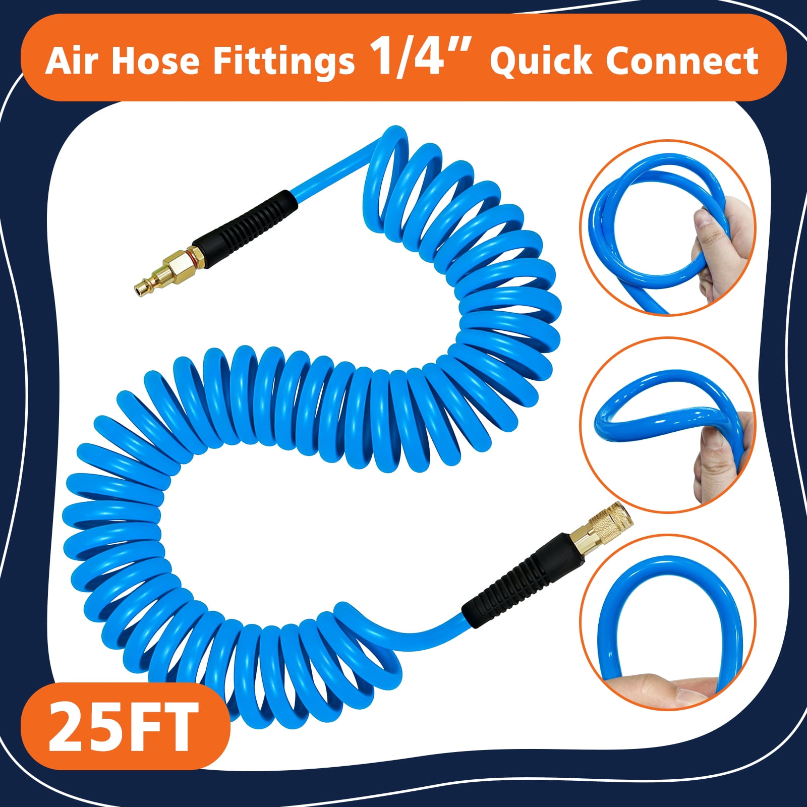 AGALI 1/4 in x 25 ft Polyurethane Air Hose with Bend Restrictor, Air Compressor Hose with 1/4 Solid 100% Pure Copper Quick Connect Fittings and I/M Plug Kit, Coiled PU Air Hose 1/4", Blue