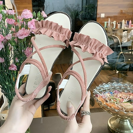 

HIBRO Sandals For Women Casual Bohemian Sandals Beach Shoes Flats Frilled Sandals