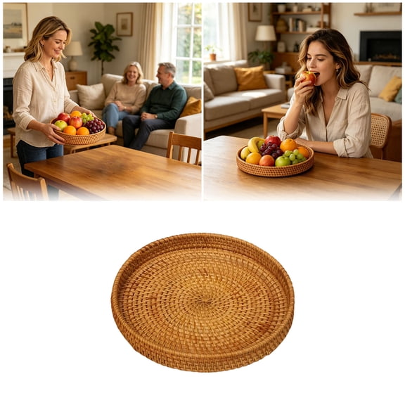 Handwoven Rattan Round Serving Tray Natural Wicker Fruit Snack Basket, Shallow Decorative Storage Platter for Kitchen Coffee Table Dining Table Organizer