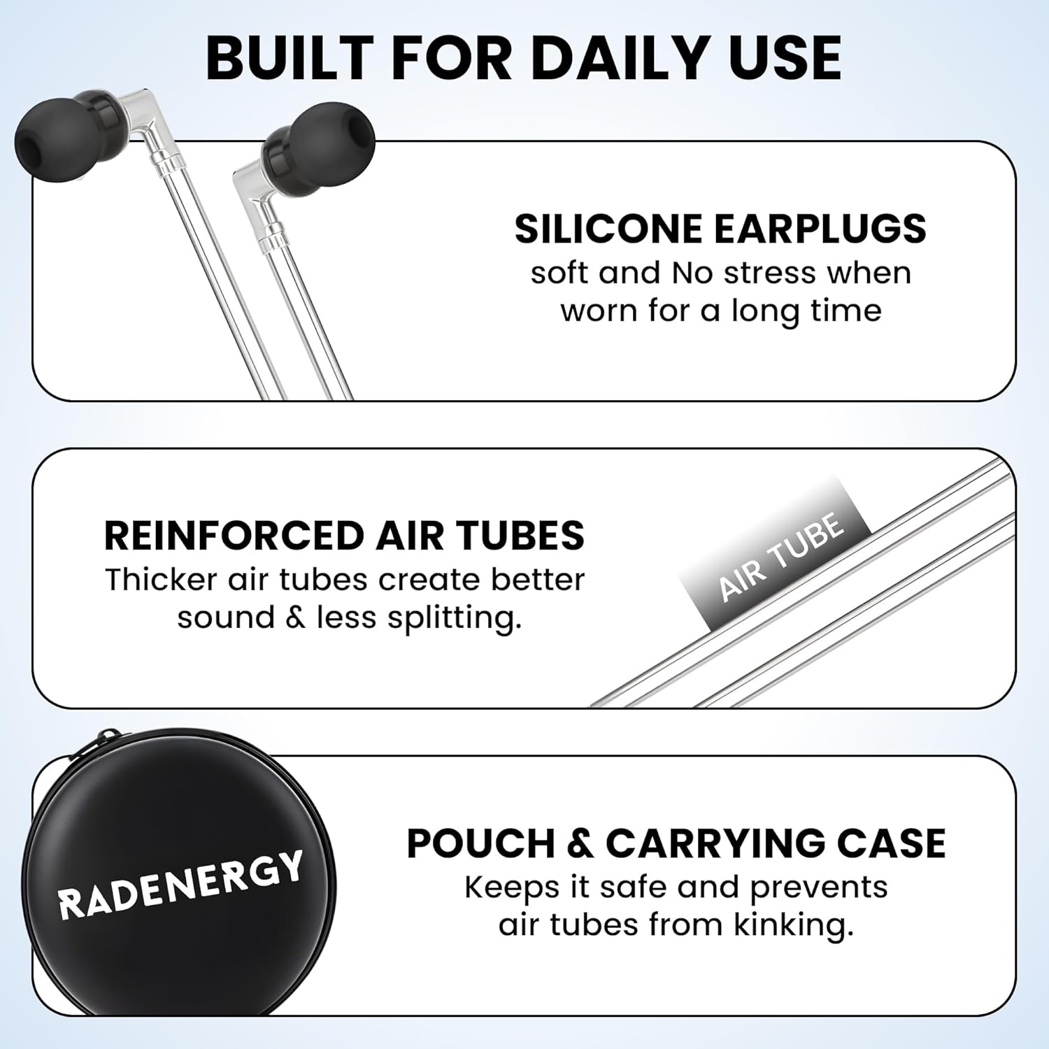 RadEnergy Airtube Headphones, EMF Free Earbuds, Air Tube Headphones With Zipper Bags, 3D Sound, Microphone Volume Control, for Work Meetings, Sleep, Gym, High Audio Quality Devices (USB-C)