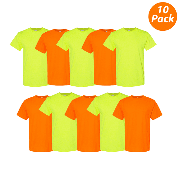 Gildan Men's Hi Vis Short Sleeve T-Shirt, 10 Pack, Crew Neck Safety Green and Orange Blank Tee, S
