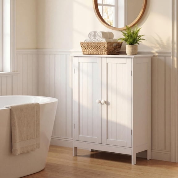 Costway Bathroom Floor Storage Cabinet Double Door Freestanding Cupboard Cabinet White