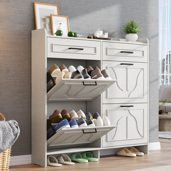 Blotout Shoe Storage Cabinet with 4 Flip Drawers&2 Drawers, 47''W Freestanding Shoe Storage Cabinet with Adjustable Shelves, Hidden Narrow Shoe Rack Cabinet Storage for Entryway, Hallway, Living Room
