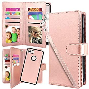 Google Pixel 3 XL Case, Detachable Magnetic 12 Card Slots Wallet Case Shockproof PU Leather Flip Protective Cover Wrist Strap for Google Pixel 3XL 2018 6.3 inch (Rose Gold)