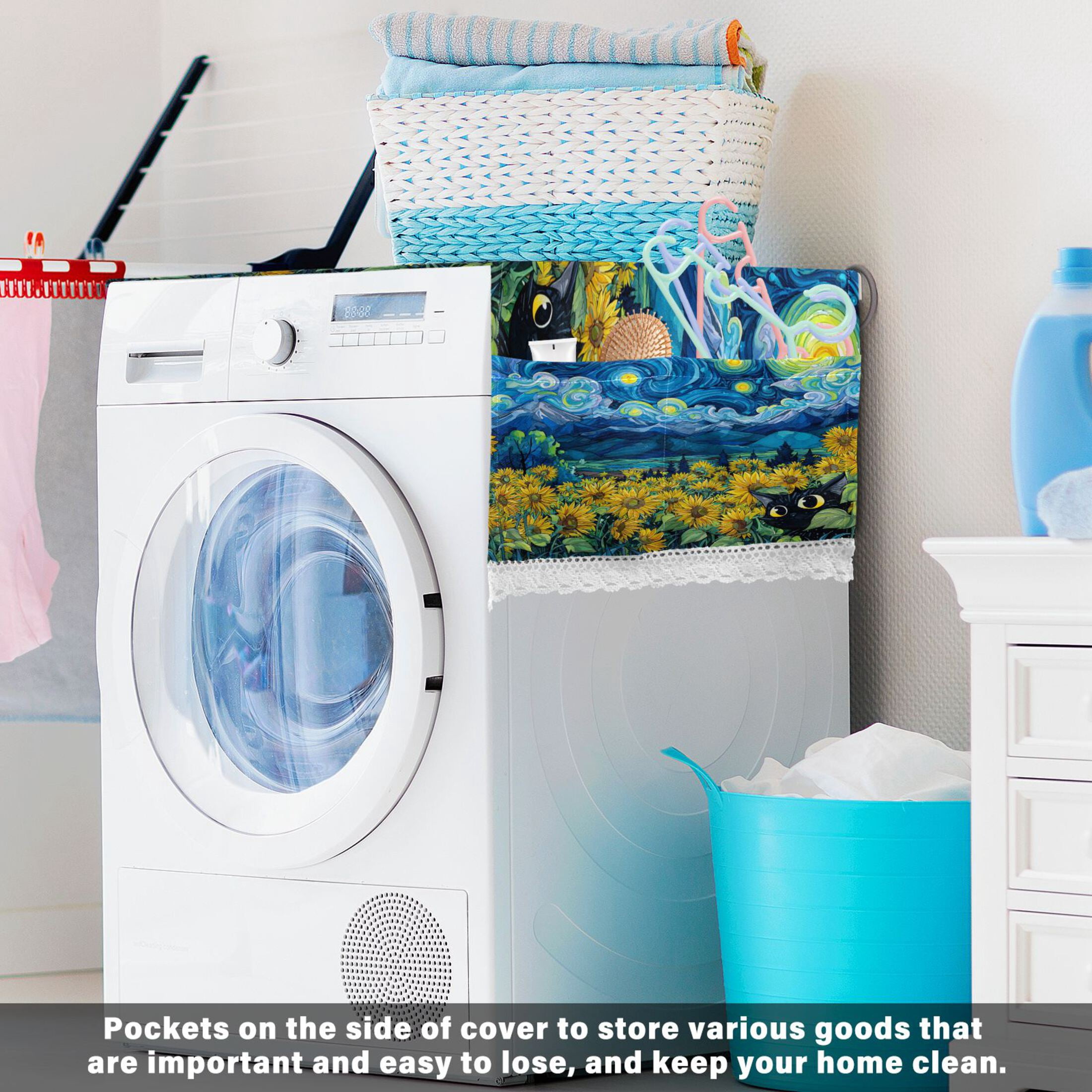 Wobogo Starry Sunflower Cat Washing Machine Cover Dustproof Washer Dryer Cover Waterproof Laundry Room Decorative Protector