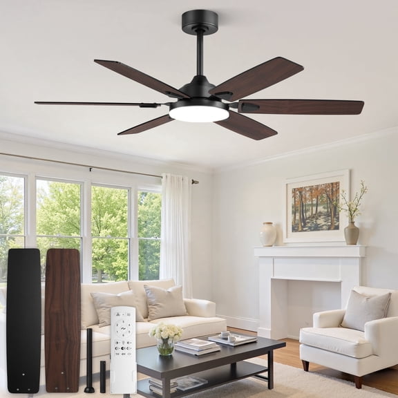 Lokivas 52in Ceiling Fans with Light and Remote Control, Modern Ceiling Fan with 6 Speeds, Reversible and Dual Finsh Blade for Indoor, Outdoor, Black