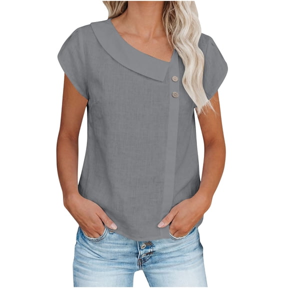 Summer Oversize Shirts for Womens New Fashion Plus Size Solid Color Collar Button Petal Sleeve Casual Top
