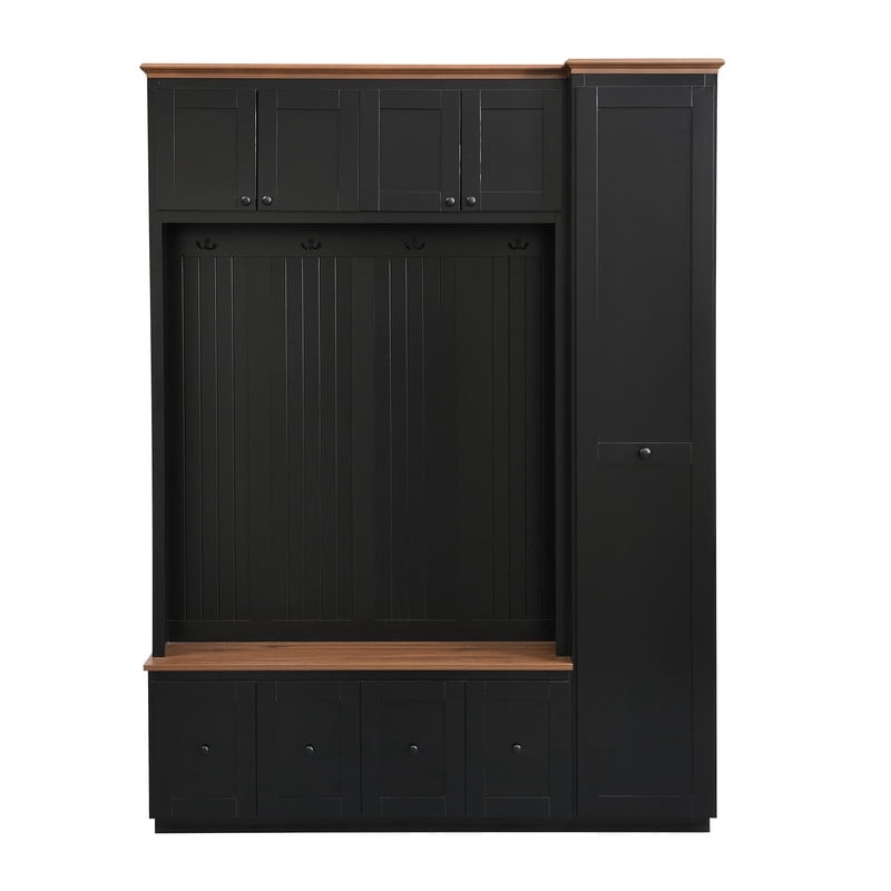 Farmhouse 5-in-1 Hall Tree with Pull-out Side Cabinet, Entryway Bench with 4 Drawers, Modern Coat Rack with Cabinets and Hooks for Mudroom