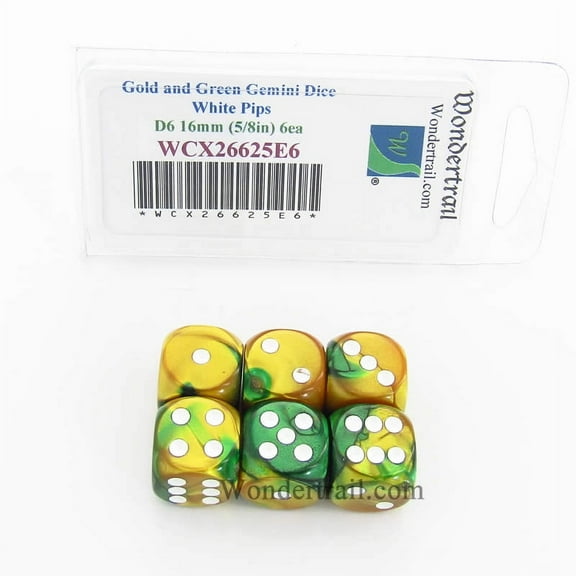 Gold and Green Gemini Dice with White Pips D6 16mm (5/8in) Pack of 6 Wondertrail