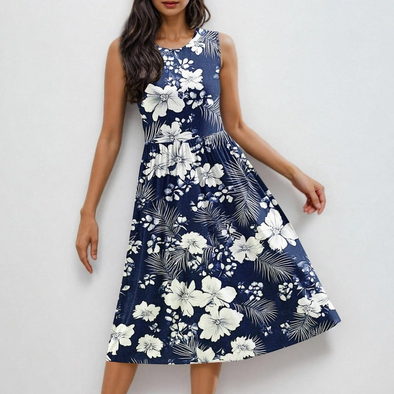 Lorytime Knee Length Dresses for Women Blue Pleated Crewneck Tank Dress A Line Dress Sleeveless Floral Graphic Print Sundress Midi Dress with Pocket