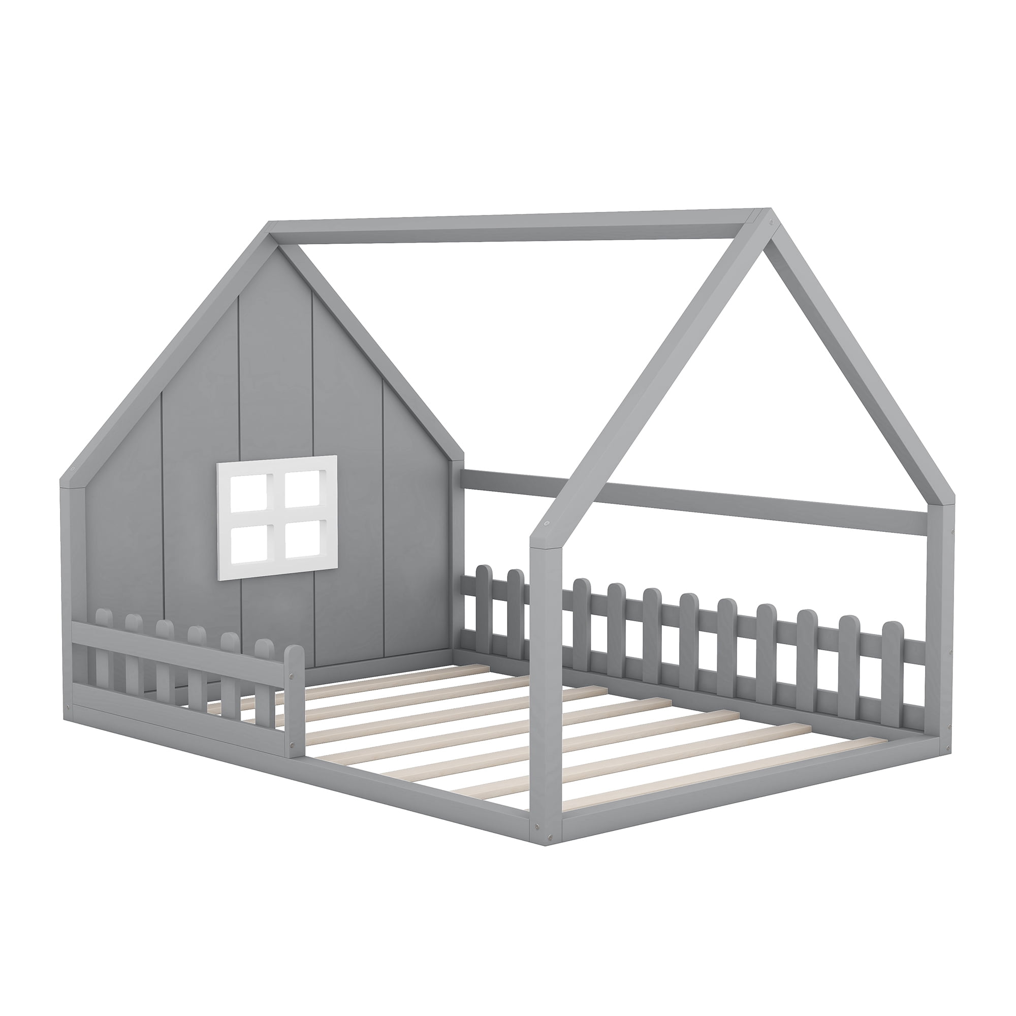 Bellemave Full Floor Bed with Fence and Window, Wooden Montessori Floor Bed,Full Size House Bed Frame,Gray