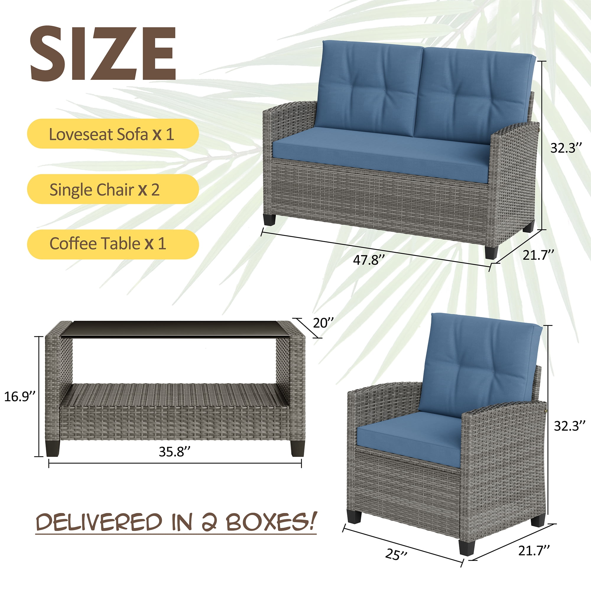 Walsunny 4 Pieces Outdoor Sectional Conversation Wicker Patio Furniture Set with Cushion Table for Backyard,Porch,Garden,Poolside Balcony,Gray