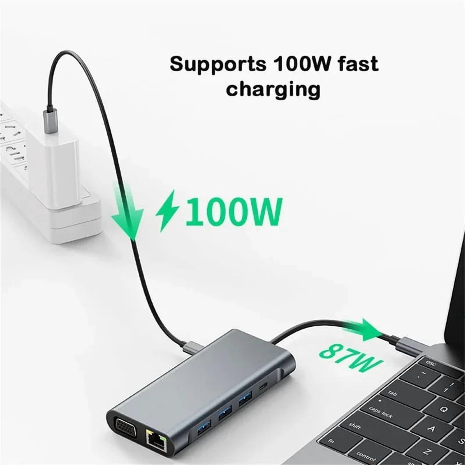 USB C HUB, USB C Adapter 11 in 1 Dongle with 1000Mpbs lan 4K HDMI, VGA, C Type PD, USB3.0, RJ45 Ethernet, SD/TF Card Reader, 3.5mm AUX, Docking Station Compatible