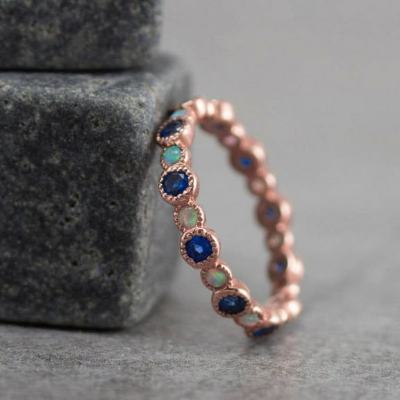 Round Cut Opal & Blue Sapphire Full Eternity Band Ring, 925 Sterling Silver Ring, Anniversary Ring, Minimalist Ring, Handmade Fine jewelry.