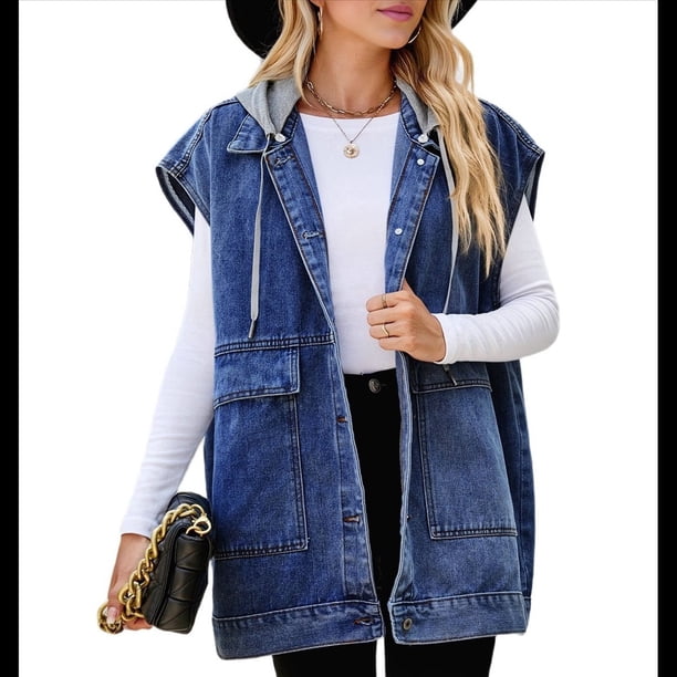 Chaleco Vaquero Sin Mangas para Mujer con Capucha Extraíble Azul Profundo XL