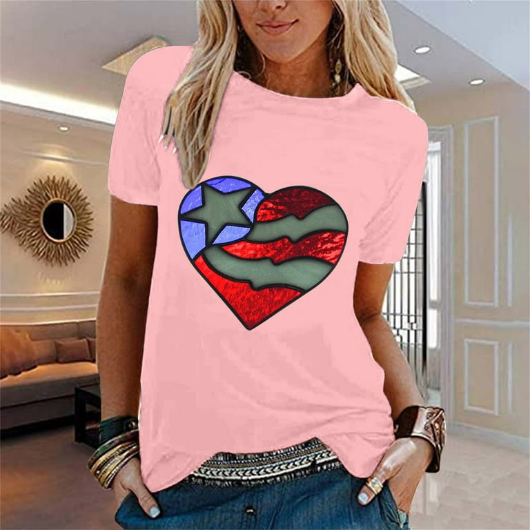 SZXZYGS Graphic Tees for Women Plus Size 5X Women s Casual Independent Day Heart Shaped Printed T Shirt Short Sleeved Shirt Loose Top