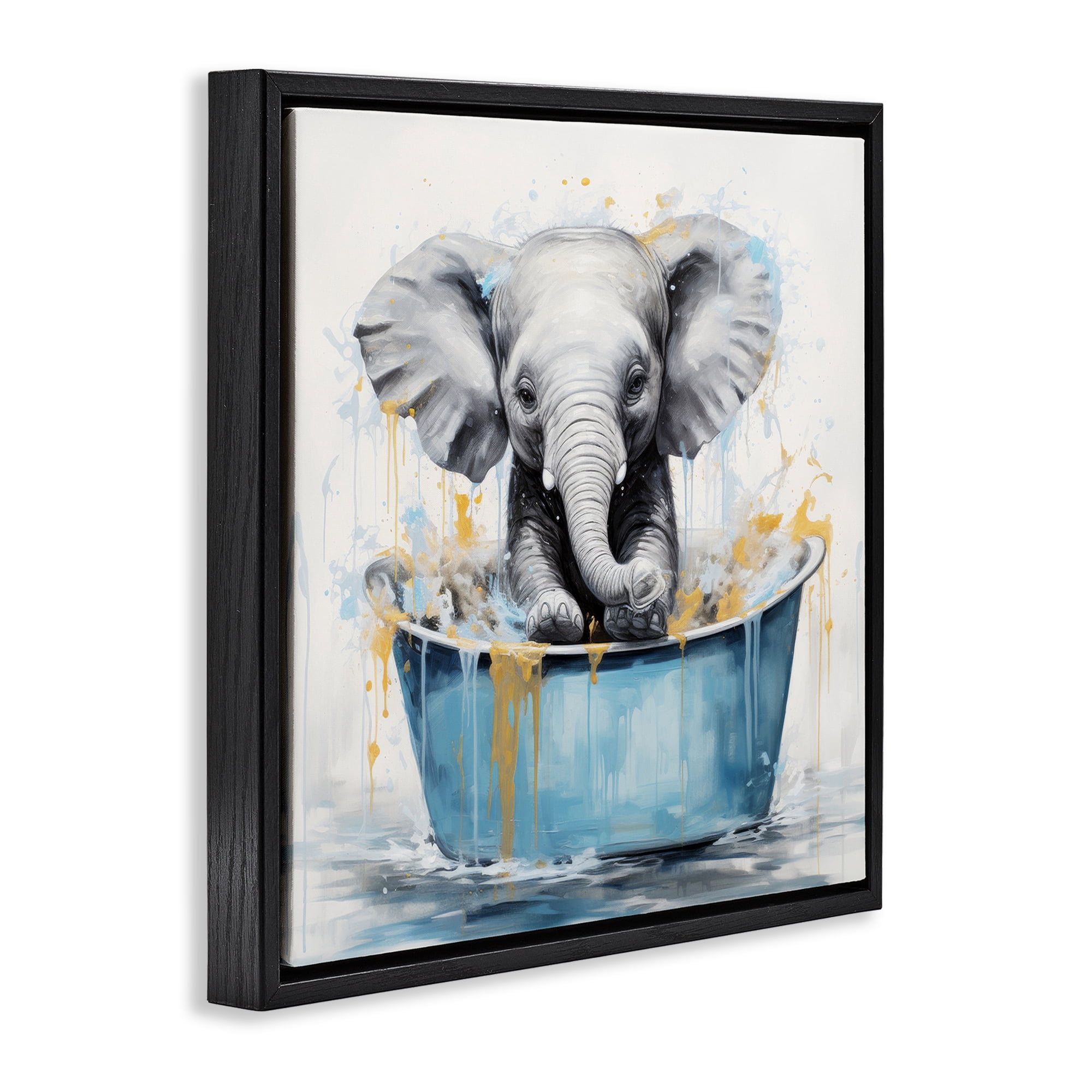 Stupell Industries Bathing Baby Elephant Typography Painting Black Floater Framed Canvas Art Print Wall Art, 25 x 25