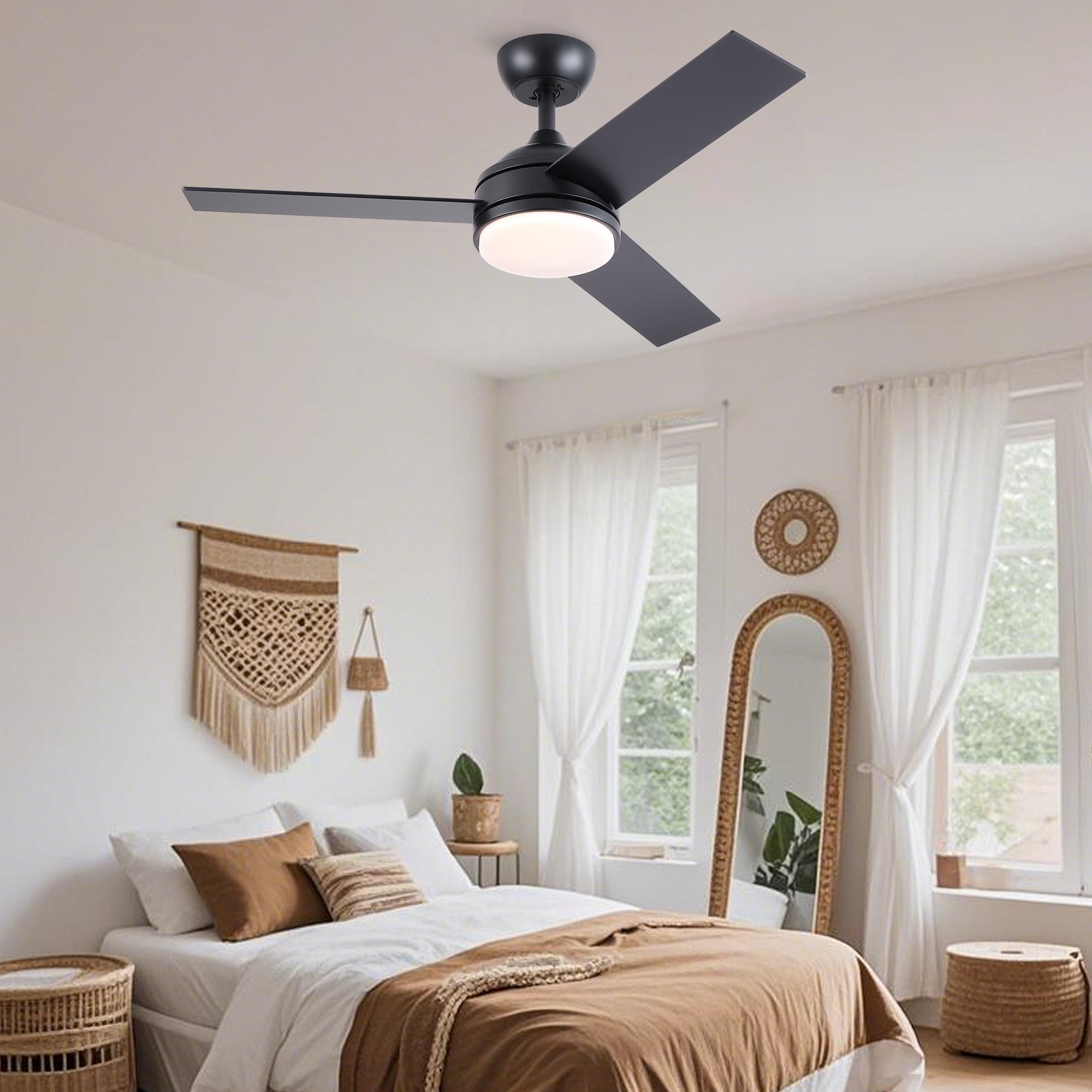 Leumius 52" Black Ceiling Fan with Intergrated LED Light Kit with Remote Control, 3 Plywood Blades and Work with Smart APP for Living Room Bedroom