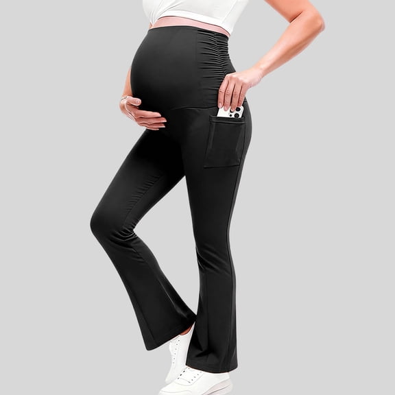 Womens Yoga Pants Maternity Stretchy High Waisted Flared Bootcut Leggings with Side Pockets Women's Yoga Leggings Black L