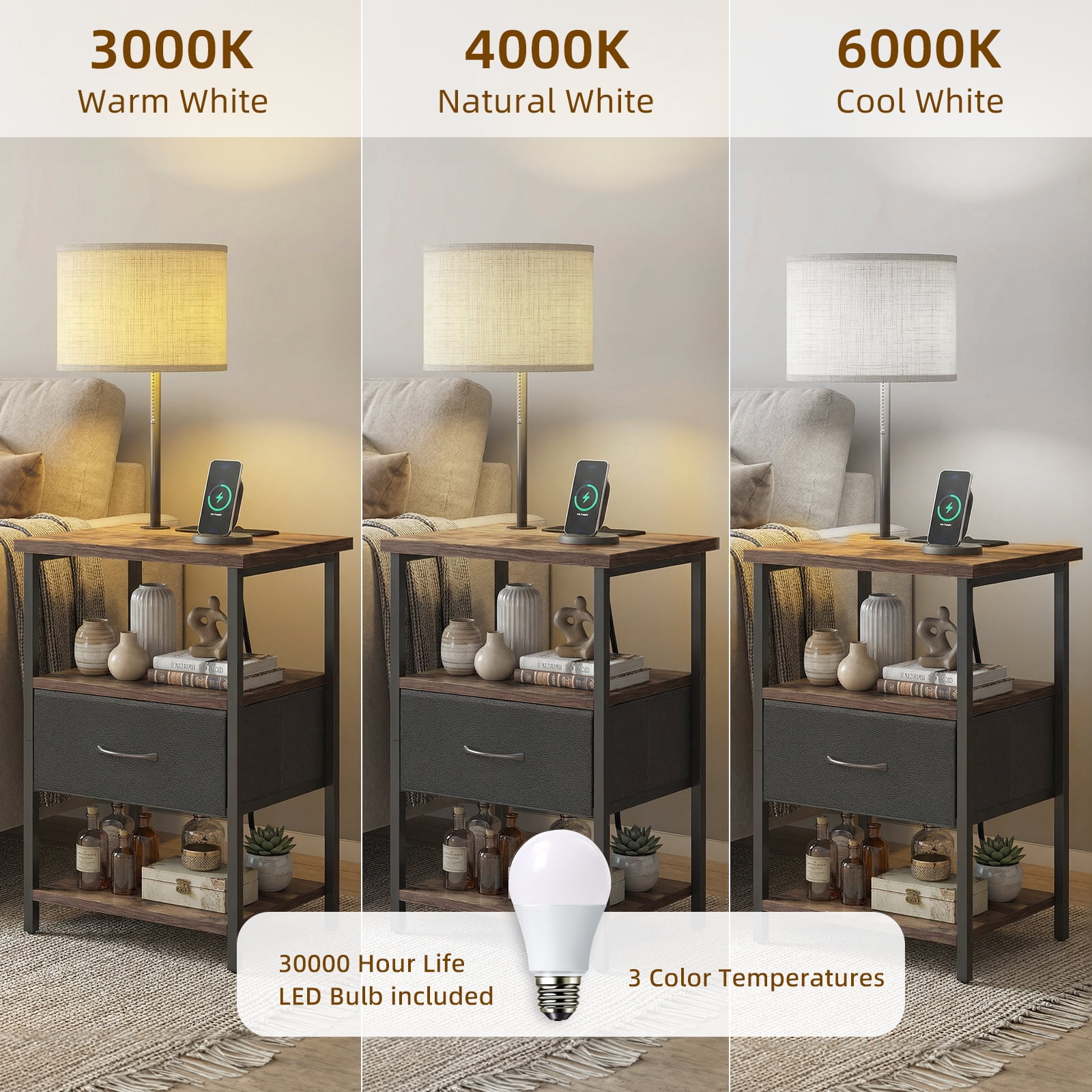 TOMNK Floor Lamp with Table, End Table for Living Room with Lamp, Shelves Side Table with Charging Station(USB & AC Port), 3 Color Temperature LED Bulb, Modern Nightstand Lamp for Bedroom, Office
