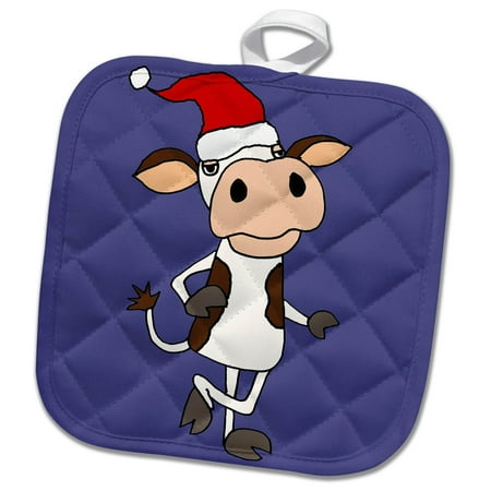 

3dRose Funny Cute Cow in Santa Hat Christmas Cartoon - Pot Holder 8 by 8-inch