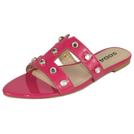 

Soda Shoes Women s Sandals Double Strap Slides Rhinestone Bling Studded Open Pointed Toe YISKA-S Hot Pink Fuchsia 6.5