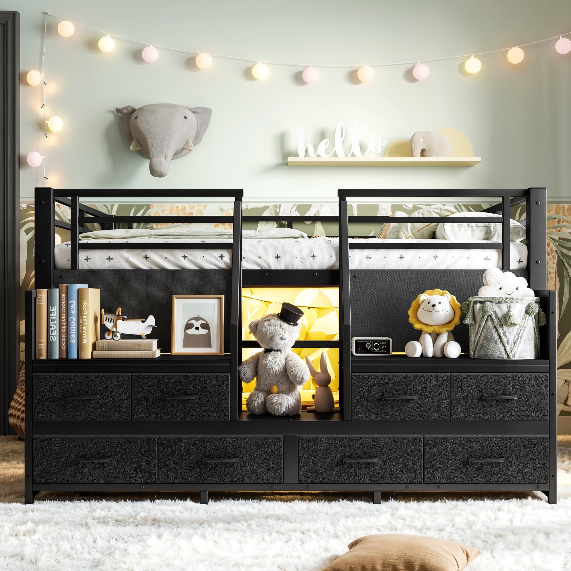 Leumius Full Size Loft Bed with Multi-storage Spaces,Metal Low Loft Bed with Storage Drawers, Shelves,LED Lights and Independent Spaces Under Bed,No Box Spring Needed,Black