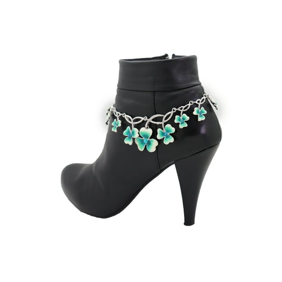 Women Silver Metal Chain Boot Bracelet Shoe Blue Clover Flower Charm