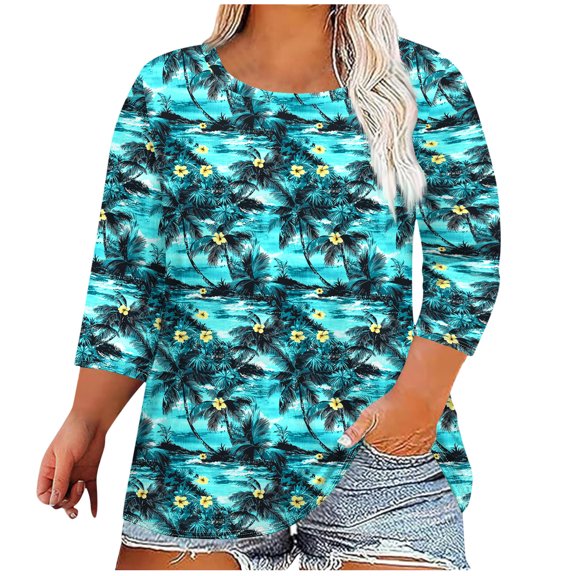 QETYUW Plus Size Tops for Women 3/4 Length Sleeve T-Shirts Crew Neck Loose Fit Tshirts Hawaiian Graphic Tees Beach Vacation Shirts