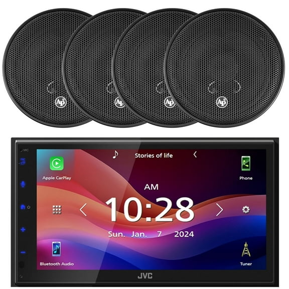 JVC KW-M690BW 6.8" Capacitive Monitor Single-DIN Bluetooth USB/MP3 Digital Media Shallow Chassis Multimedia Receiver, 4x 6.5” 300 Watts Max Power 2-Way High Performance Component Car Audio Speakers