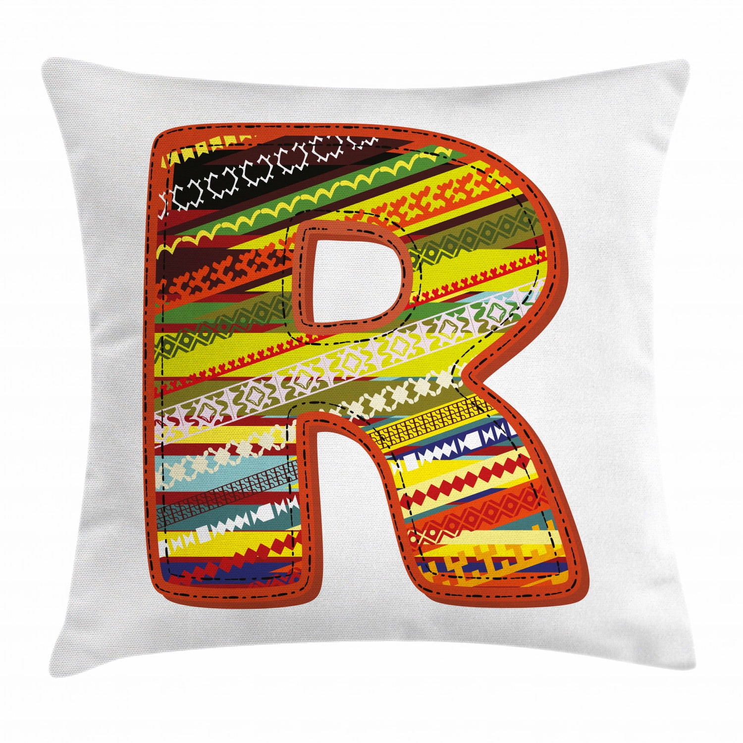 Letter R Throw Pillow Cushion Cover, Ethnic Ornamental R Letter with Abstract Aztec Tribal
