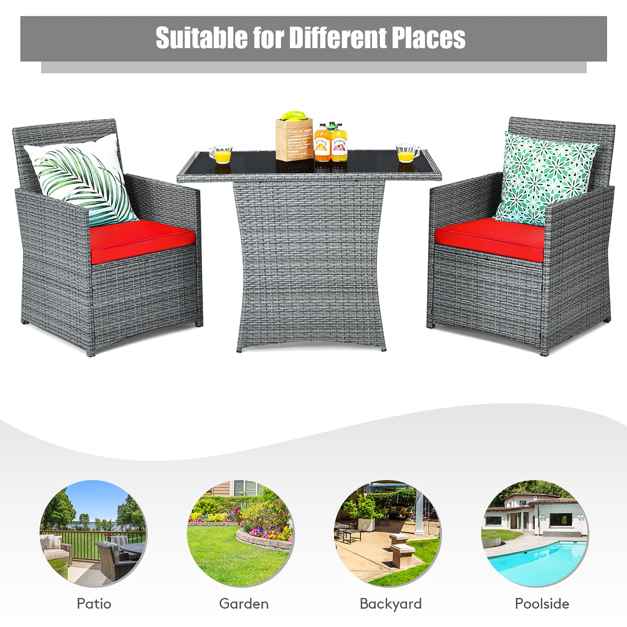 Costway 3PCS Patio Rattan Furniture Set Cushioned Sofa Armrest  Garden Red