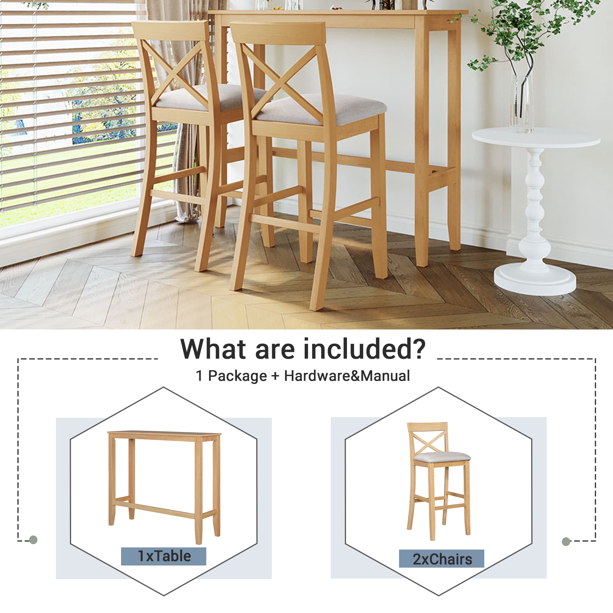 Yoneston Farmhouse 48" Rectangular Bar Table Set of 2, Bar Height Breakfast Nook Set with 2 Upholstered Chairs for Kitchen Dining Room, Natural&nbsp;& Beige