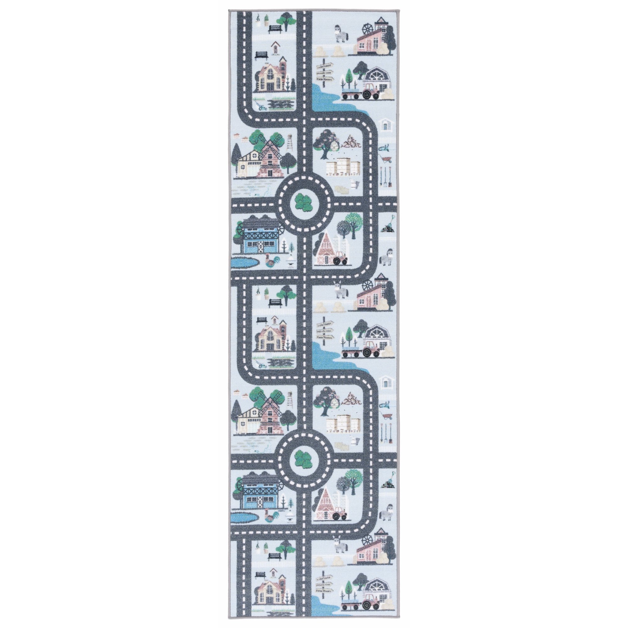 SAFAVIEH Kids Playhouse Farm Crossroads Machine Washable Runner Rug, Blue/Dark Grey, 2'2" x 8'