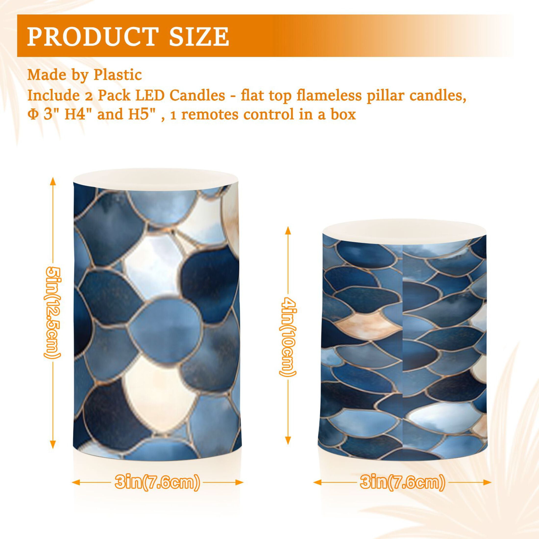 Blue Grey Abstract Art Flickering Flameless Candles Battery Operated with Remote Timer LED Pillar Candles Set of 2