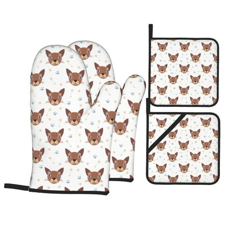 

Oven Mitts and Pot Holders Sets 4 pcs - Abstract Cute Cat Face Heat Resistant Silicone Oven Gloves with Non-Slip Silicone Surface and hot pads for kitchen Baking Cooking BBQ