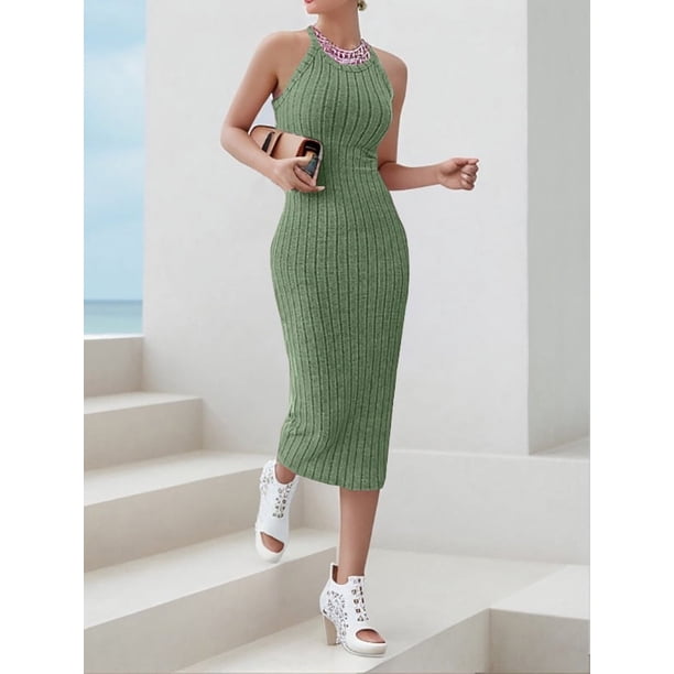 Dodycon-vestido ajustado con cuello Halter para mujer, vestido Midi acanalado, sin mangas, de punto acanalado, color liso, nuevo diseño de moda