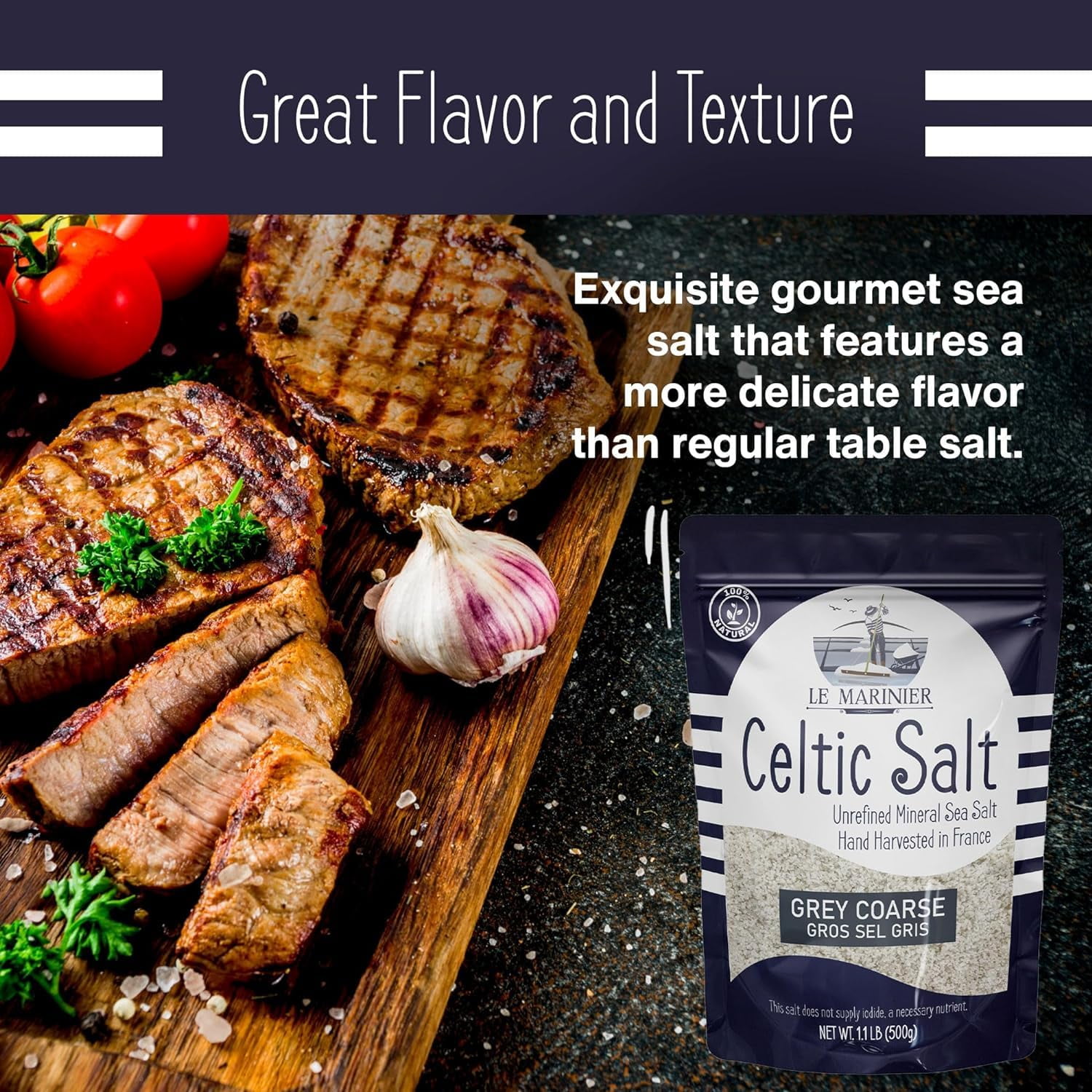Le Marinier Celtic Salt Organic Grey Coarse, 1.1lb - 18oz Pack of 2. Mineral Rich Unrefined French Sea Salt 100% Natural, Hand Harvested (1.1lb Grey Coarse - Pack of 2)