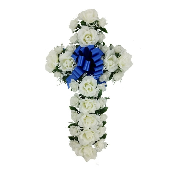 Mainstays 24in Outdoor Artificial Rose Floral Cross, Rose in White Color.