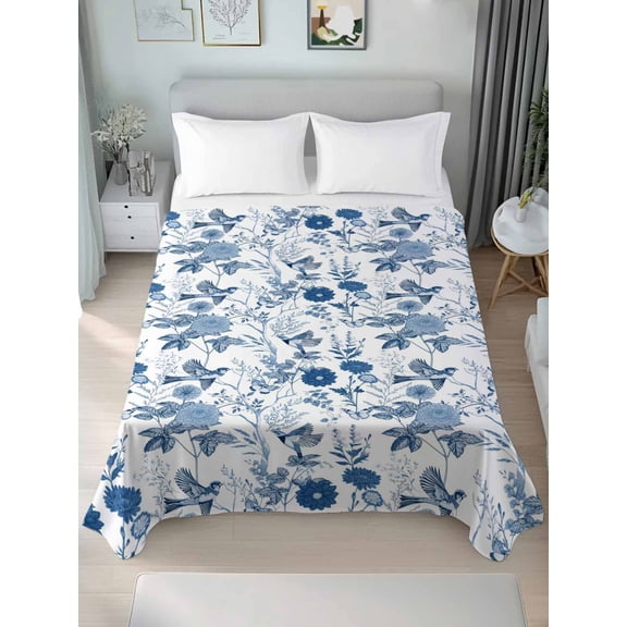 Flower Bird Queen Size Flat Sheet, Wrinkleproof & Fadeproof Cooling Flat Bed Sheet Only, Vintage Blue Garden Country Wildflower Breathable Soft Bedding Top Sheets 90 x 102 Inches